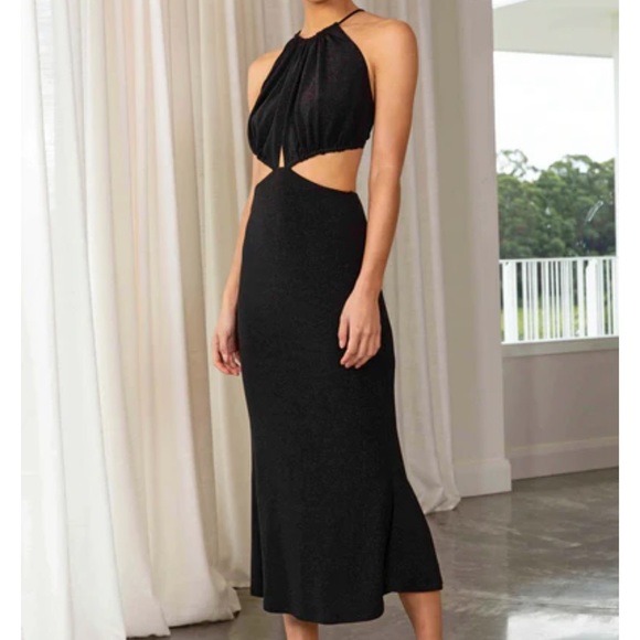 Misha Collection Black Angel Cut-Out Midi Halter Dress - Picture 4 of 10
